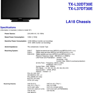 Panasonic tx l32dt30 tx l32dt30e service manual cover with photo of the television, TV type, chassis code, model code, creation date and document number