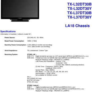 Panasonic tx l32dt30 tx l32dt30y service manual cover with photo of the television, TV type, chassis code, model code, creation date and document number