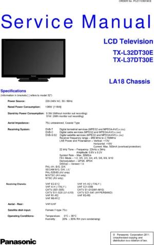 Panasonic tx l32dt30e service manual cover with photo of the television, TV type, chassis code, model code, creation date and document number