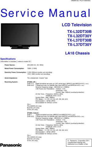 Panasonic tx l32dt30y service manual cover with photo of the television, TV type, chassis code, model code, creation date and document number