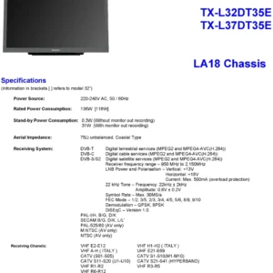 Panasonic tx l32dt35 service manual cover with photo of the television, TV type, chassis code, model code, creation date and document number