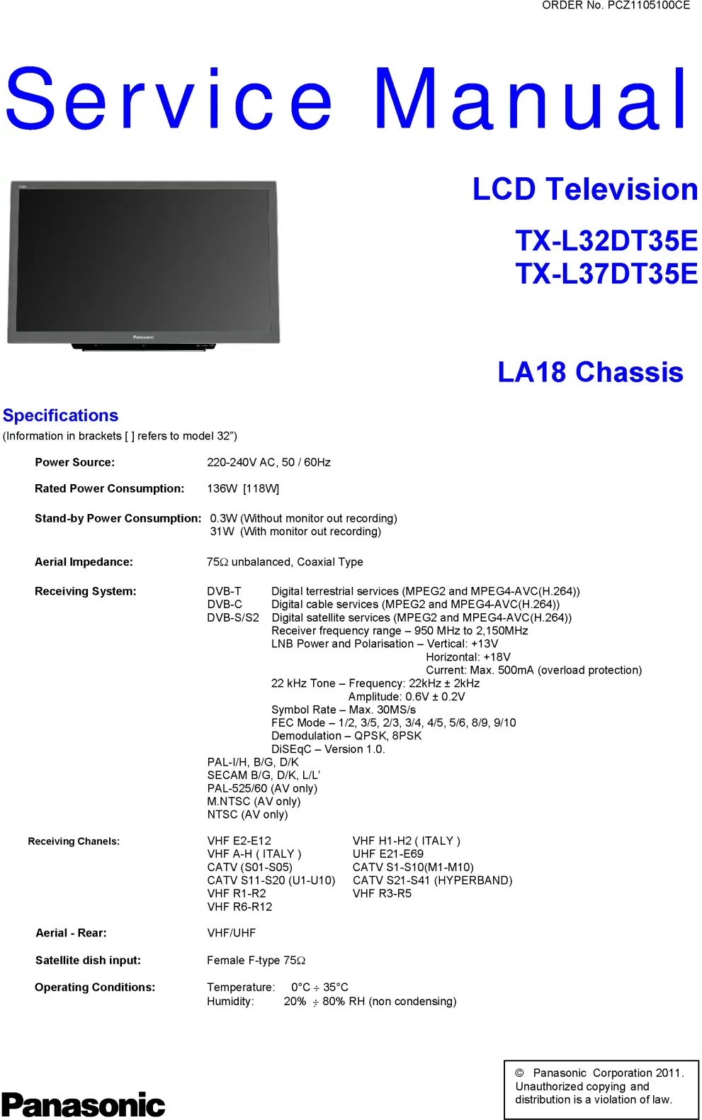 Panasonic tx l32dt35 service manual cover with photo of the television, TV type, chassis code, model code, creation date and document number