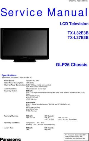 Panasonic tx l32e3b service manual cover with photo of the television, TV type, chassis code, model code, creation date and document number