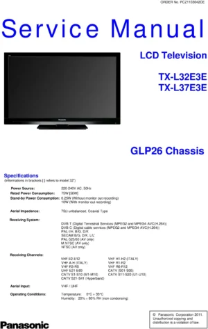 Panasonic tx l32e3e service manual cover with photo of the television, TV type, chassis code, model code, creation date and document number