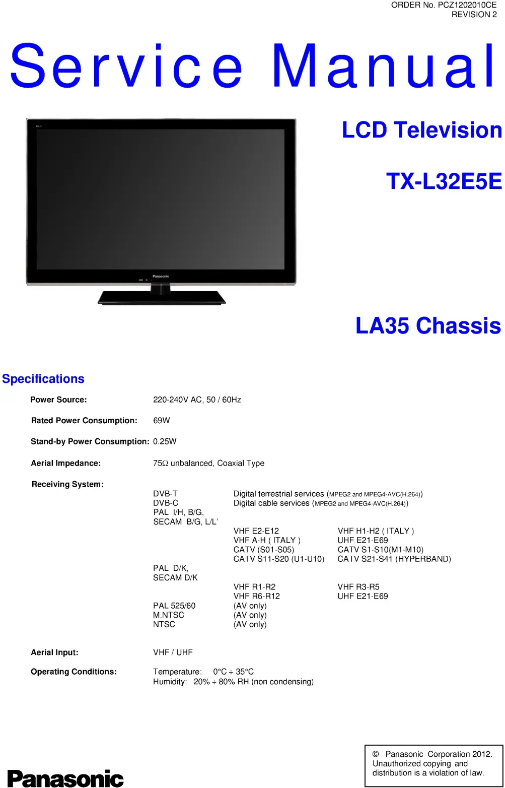 Panasonic tx l32e5e service manual cover with photo of the television, TV type, chassis code, model code, creation date and document number