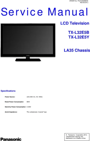 Panasonic tx l32e5y service manual cover with photo of the television, TV type, chassis code, model code, creation date and document number