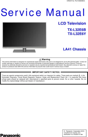 Panasonic tx l32e6b l32e6y service manual cover with photo of the television, TV type, chassis code, model code, creation date and document number