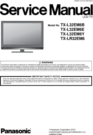 Panasonic tx l32em6b service manual cover with photo of the television, TV type, chassis code, model code, creation date and document number