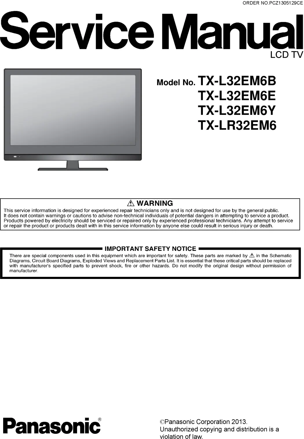 Panasonic tx l32em6b service manual cover with photo of the television, TV type, chassis code, model code, creation date and document number
