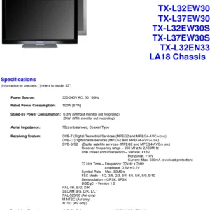 Panasonic tx l32en33 service manual cover with photo of the television, TV type, chassis code, model code, creation date and document number