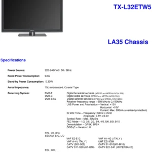Panasonic tx l32etf52 l32etw5 service manual cover with photo of the television, TV type, chassis code, model code, creation date and document number