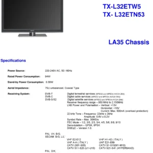 Panasonic tx l32etn53 service manual cover with photo of the television, TV type, chassis code, model code, creation date and document number
