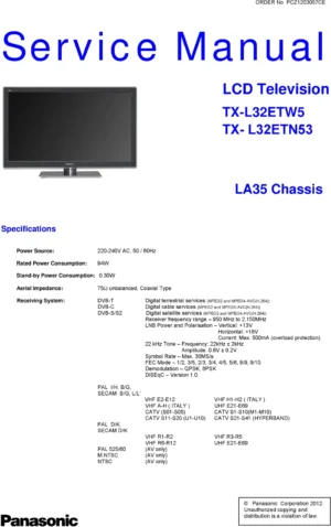 Panasonic tx l32etn53 service manual cover with photo of the television, TV type, chassis code, model code, creation date and document number