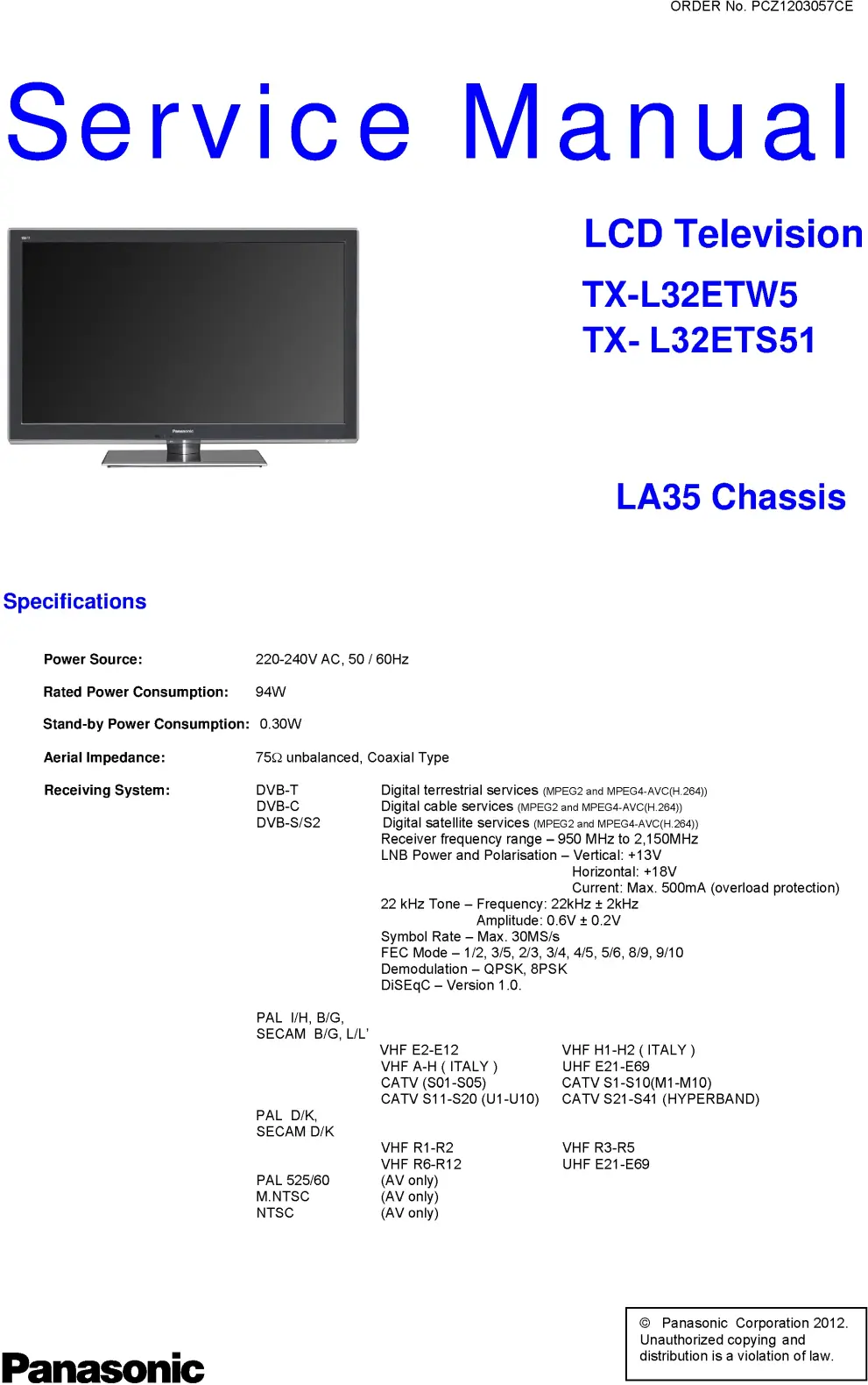 Panasonic tx l32ets51 service manual cover with photo of the television, TV type, chassis code, model code, creation date and document number