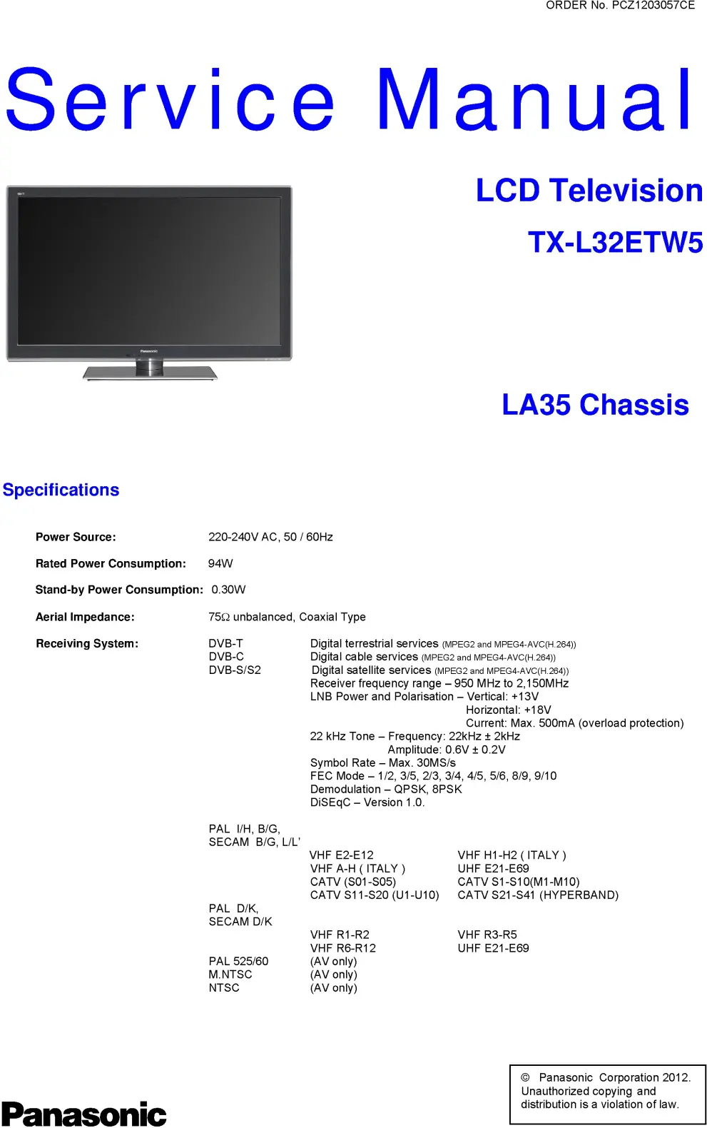 Panasonic tx l32etw5 service manual cover with photo of the television, TV type, chassis code, model code, creation date and document number