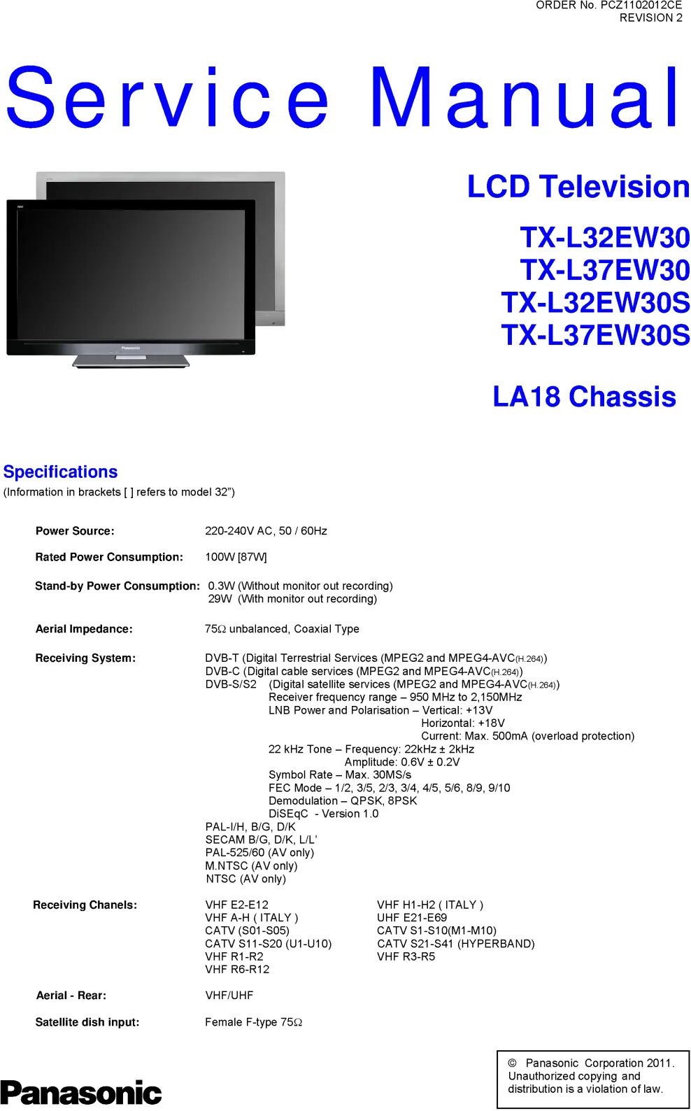 Panasonic tx l32ew30 l32ew30s service manual cover with photo of the television, TV type, chassis code, model code, creation date and document number