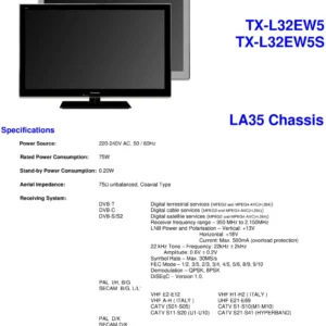 Panasonic tx l32ew5s service manual cover with photo of the television, TV type, chassis code, model code, creation date and document number