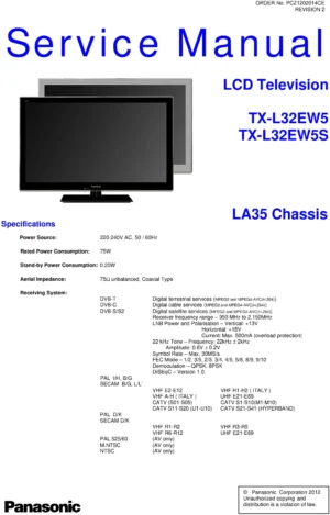 Panasonic tx l32ew5s service manual cover with photo of the television, TV type, chassis code, model code, creation date and document number