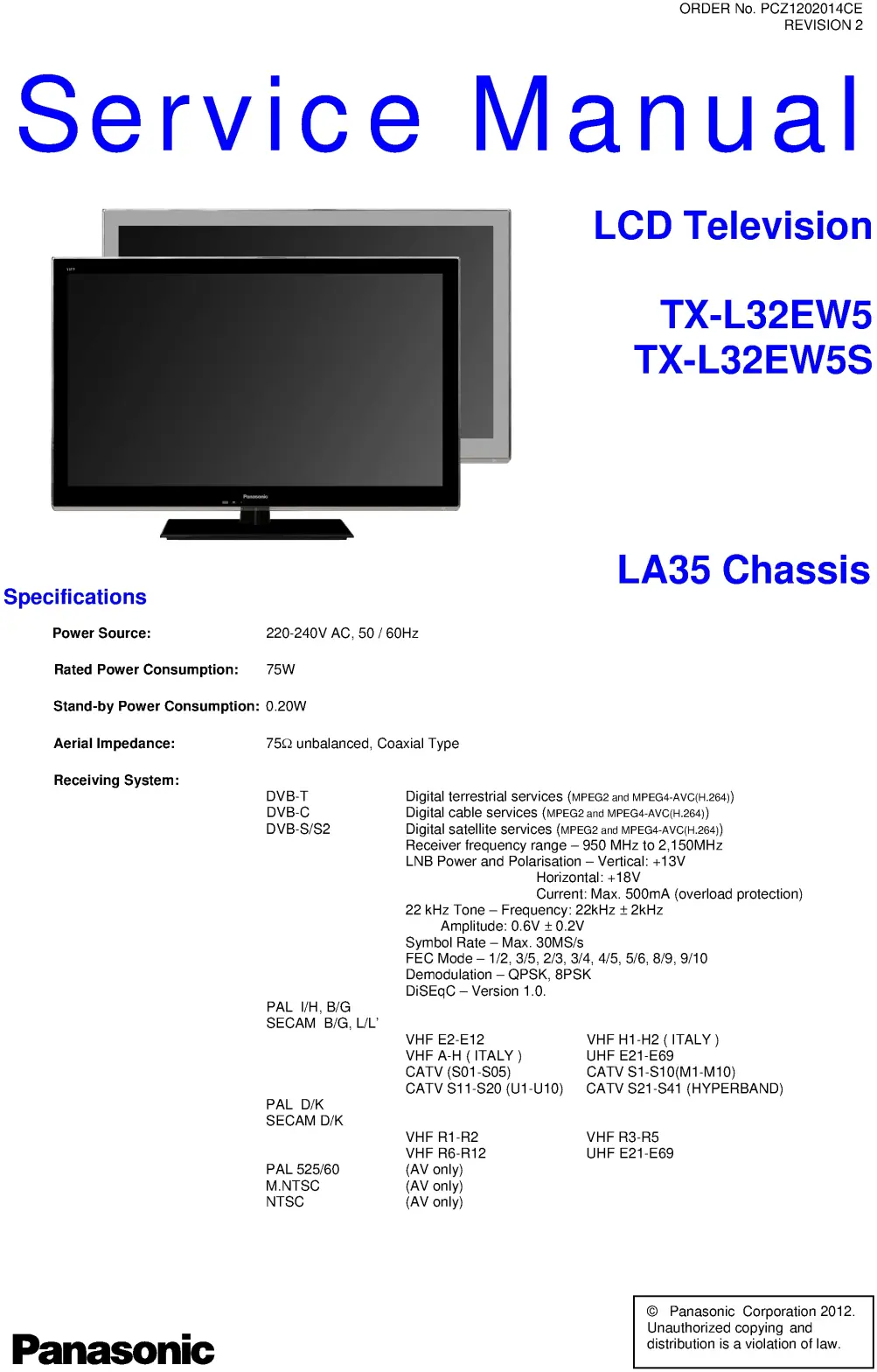 Panasonic tx l32ew5s service manual cover with photo of the television, TV type, chassis code, model code, creation date and document number