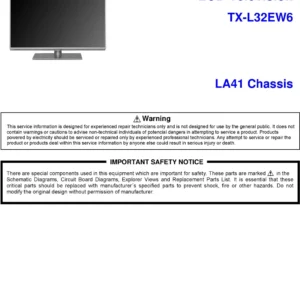 Panasonic tx l32ew6 service manual cover with photo of the television, TV type, chassis code, model code, creation date and document number