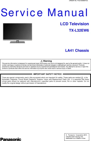 Panasonic tx l32ew6 service manual cover with photo of the television, TV type, chassis code, model code, creation date and document number