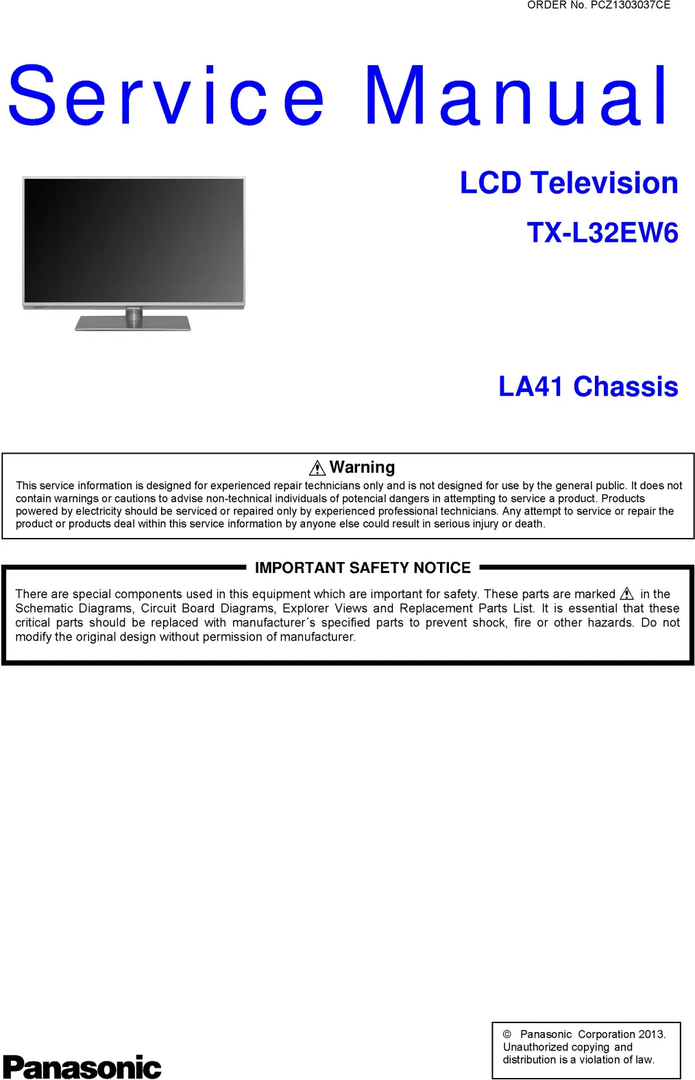 Panasonic tx l32ew6 service manual cover with photo of the television, TV type, chassis code, model code, creation date and document number