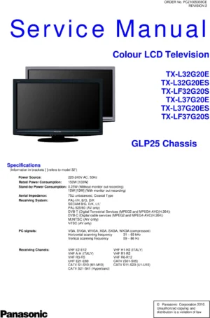 Panasonic tx l32g20e 32g20es service manual cover with photo of the television, TV type, chassis code, model code, creation date and document number