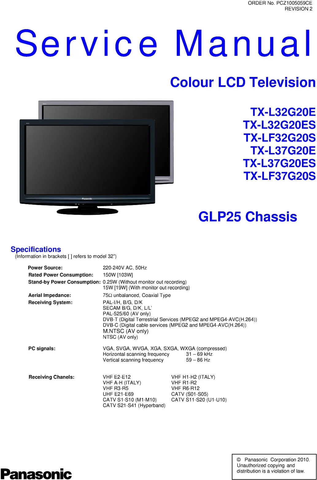 Panasonic tx l32g20e 32g20es service manual cover with photo of the television, TV type, chassis code, model code, creation date and document number