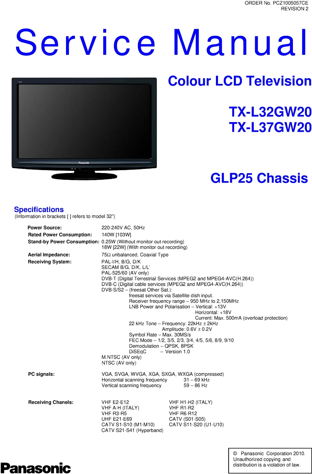 Panasonic tx l32gw20 service manual cover with photo of the television, TV type, chassis code, model code, creation date and document number
