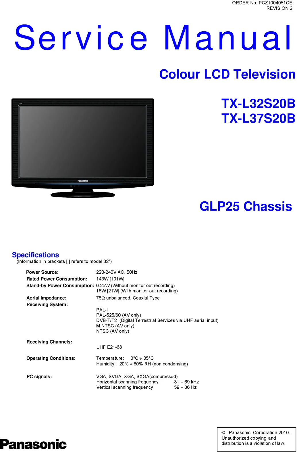 Panasonic tx l32s20b l37s20b service manual cover with photo of the television, TV type, chassis code, model code, creation date and document number
