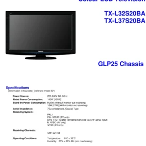 Panasonic tx l32s20ba l37s20ba service manual cover with photo of the television, TV type, chassis code, model code, creation date and document number