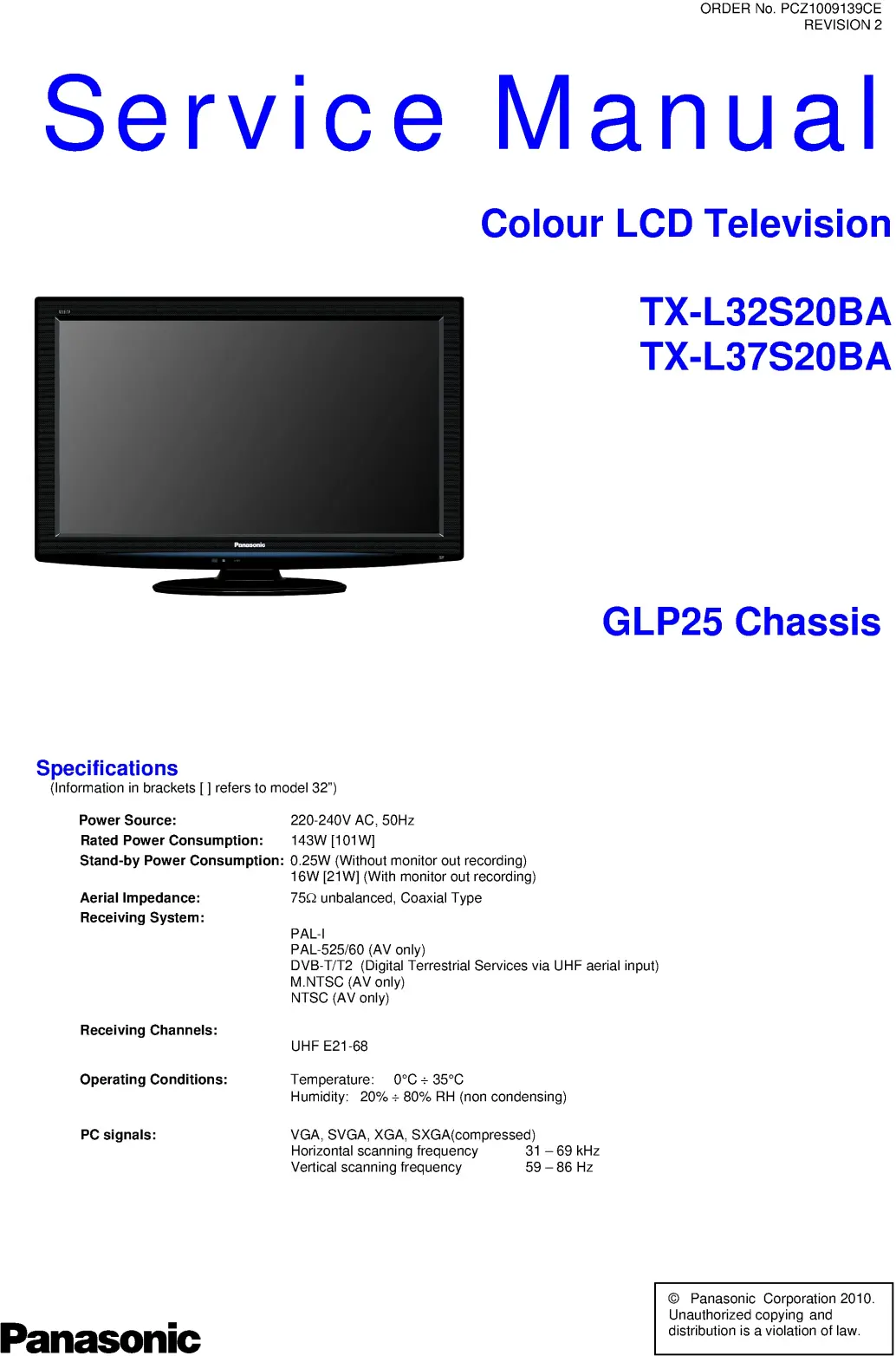 Panasonic tx l32s20ba l37s20ba service manual cover with photo of the television, TV type, chassis code, model code, creation date and document number