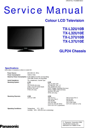 Panasonic tx l32u10 l37u10 service manual cover with photo of the television, TV type, chassis code, model code, creation date and document number
