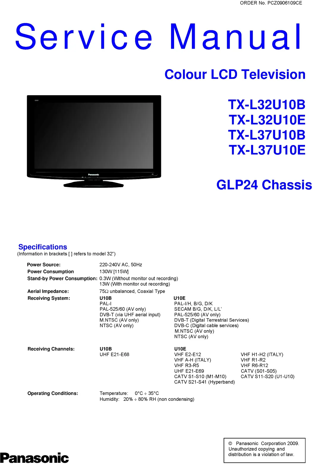 Panasonic tx l32u10 l37u10 service manual cover with photo of the television, TV type, chassis code, model code, creation date and document number