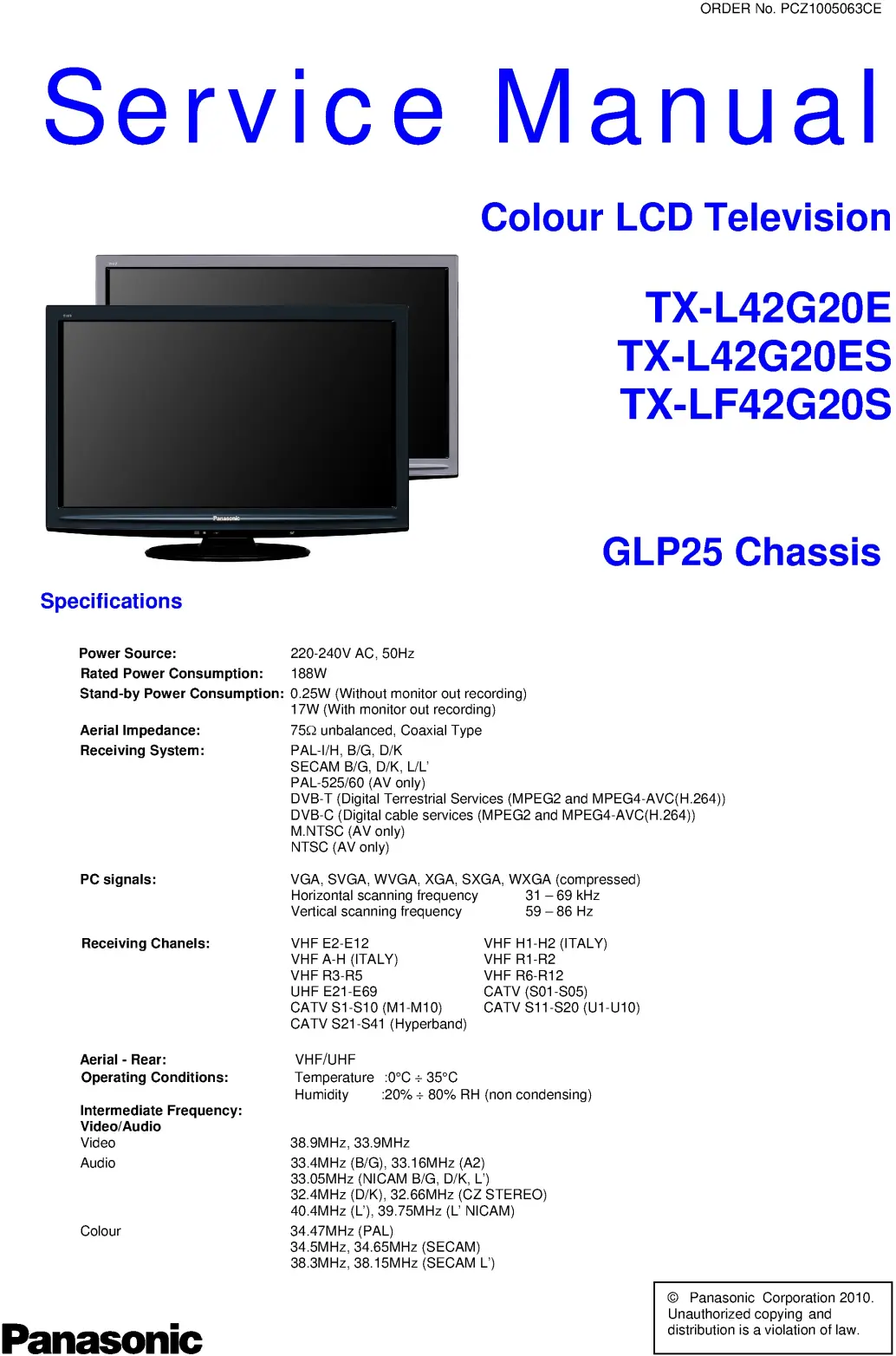 Panasonic tx l32u2e l42g20e f42g20s service manual cover with photo of the television, TV type, chassis code, model code, creation date and document number