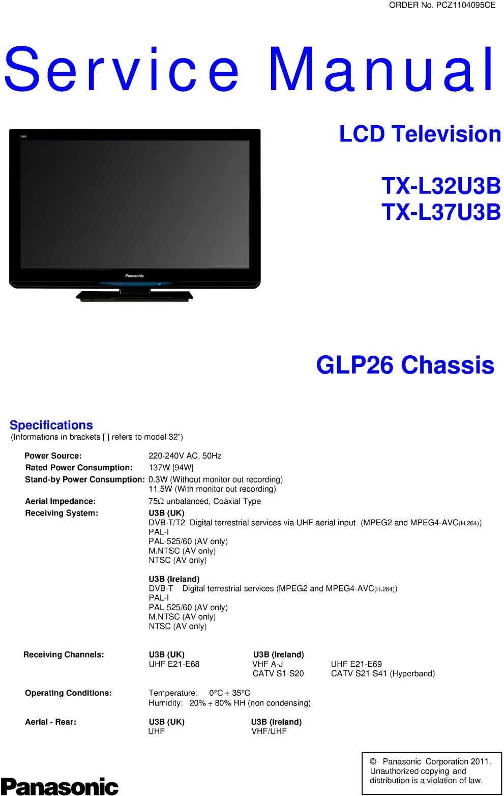 Panasonic tx l32u3b service manual cover with photo of the television, TV type, chassis code, model code, creation date and document number