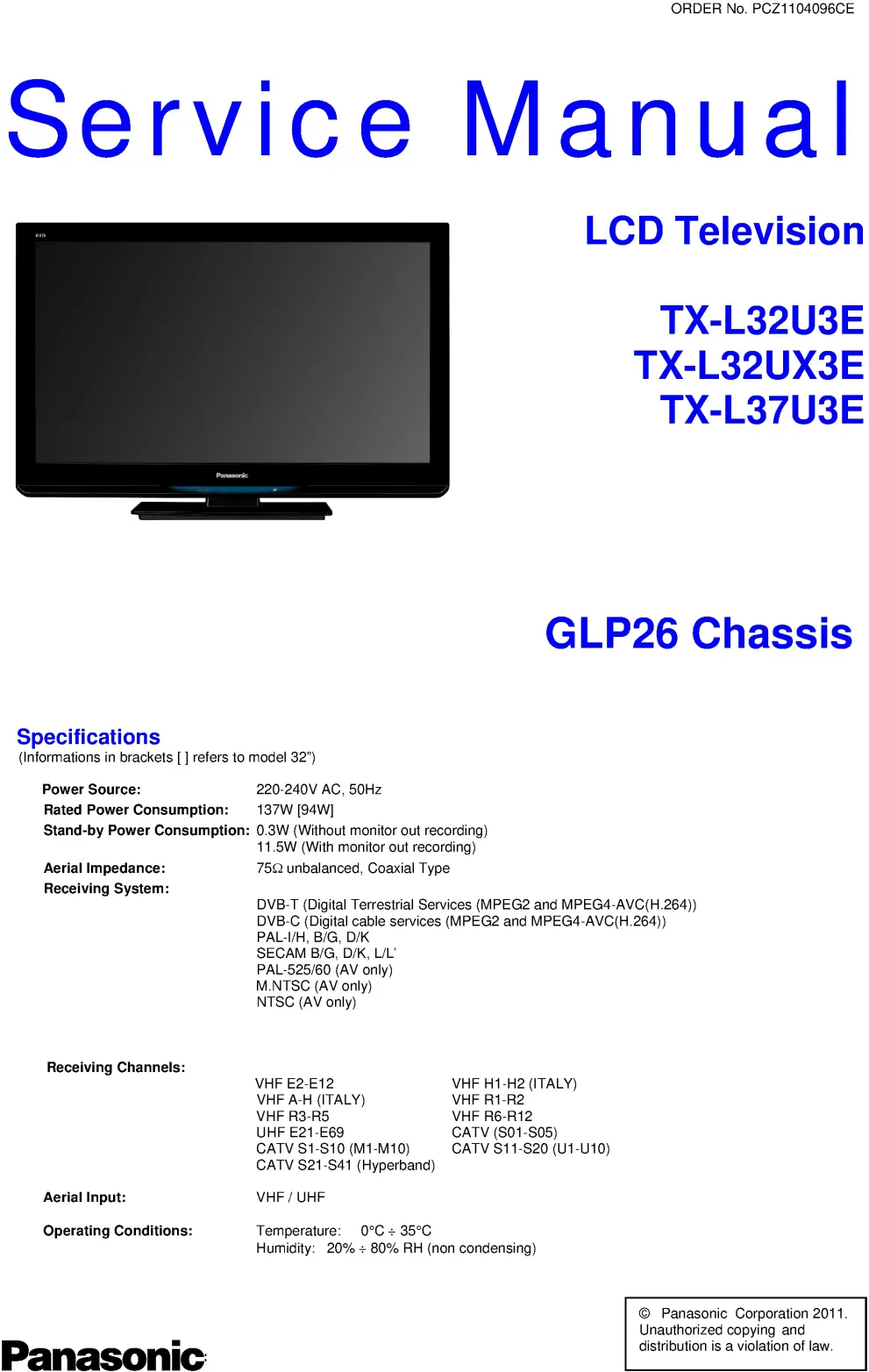 Panasonic tx l32ux3e service manual cover with photo of the television, TV type, chassis code, model code, creation date and document number