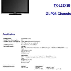 Panasonic tx l32x3b service manual cover with photo of the television, TV type, chassis code, model code, creation date and document number