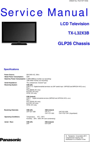 Panasonic tx l32x3b service manual cover with photo of the television, TV type, chassis code, model code, creation date and document number