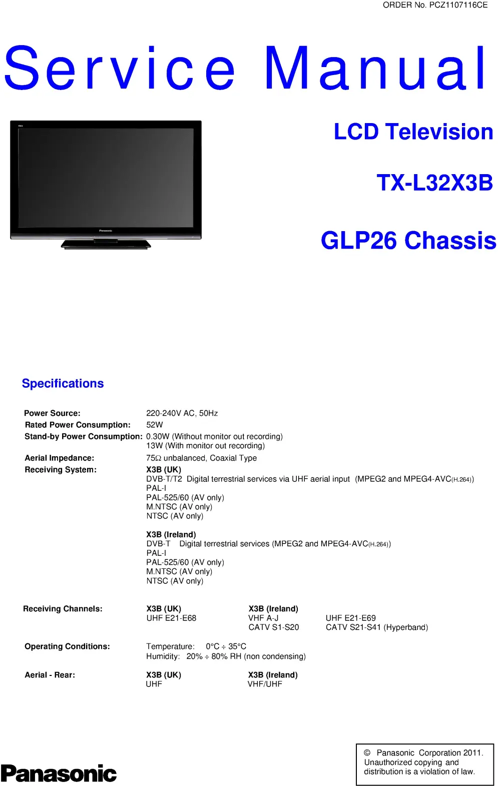 Panasonic tx l32x3b service manual cover with photo of the television, TV type, chassis code, model code, creation date and document number