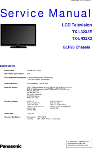 Panasonic tx l32x3e service manual cover with photo of the television, TV type, chassis code, model code, creation date and document number