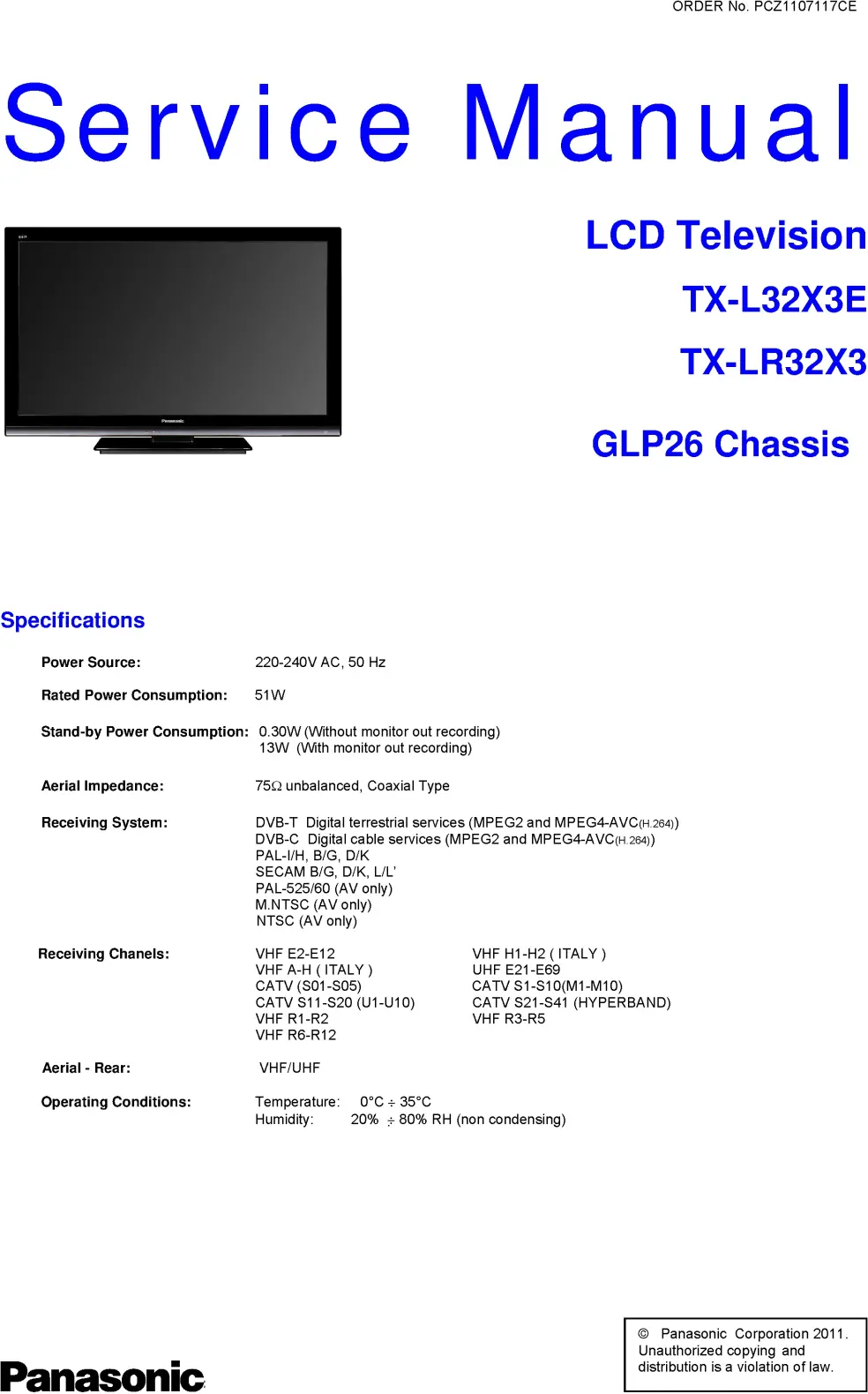 Panasonic tx l32x3e service manual cover with photo of the television, TV type, chassis code, model code, creation date and document number