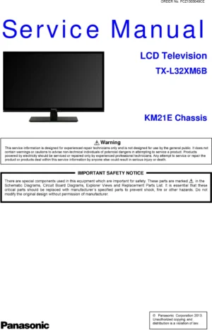 Panasonic tx l32xm6b service manual cover with photo of the television, TV type, chassis code, model code, creation date and document number