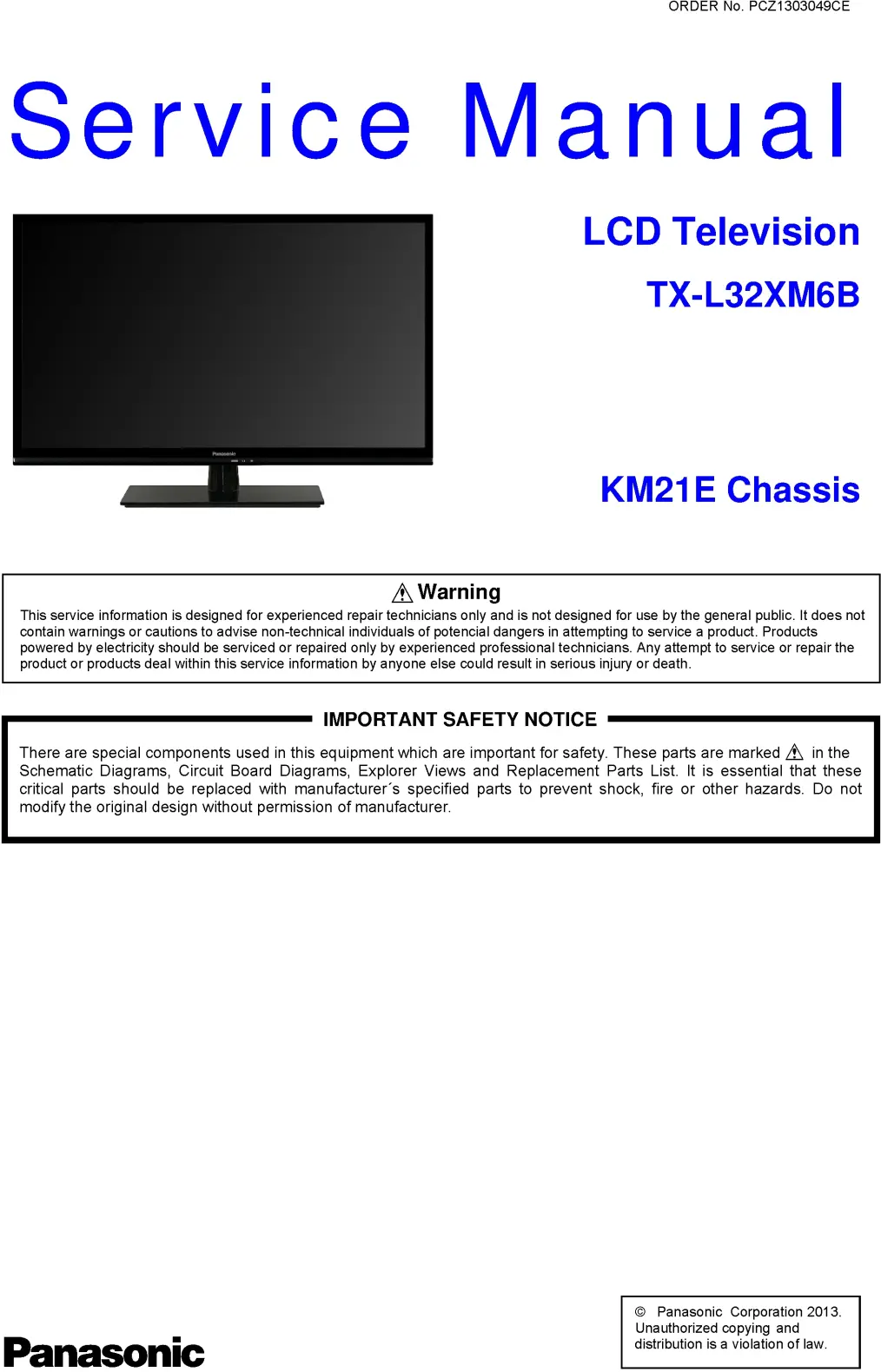 Panasonic tx l32xm6b service manual cover with photo of the television, TV type, chassis code, model code, creation date and document number