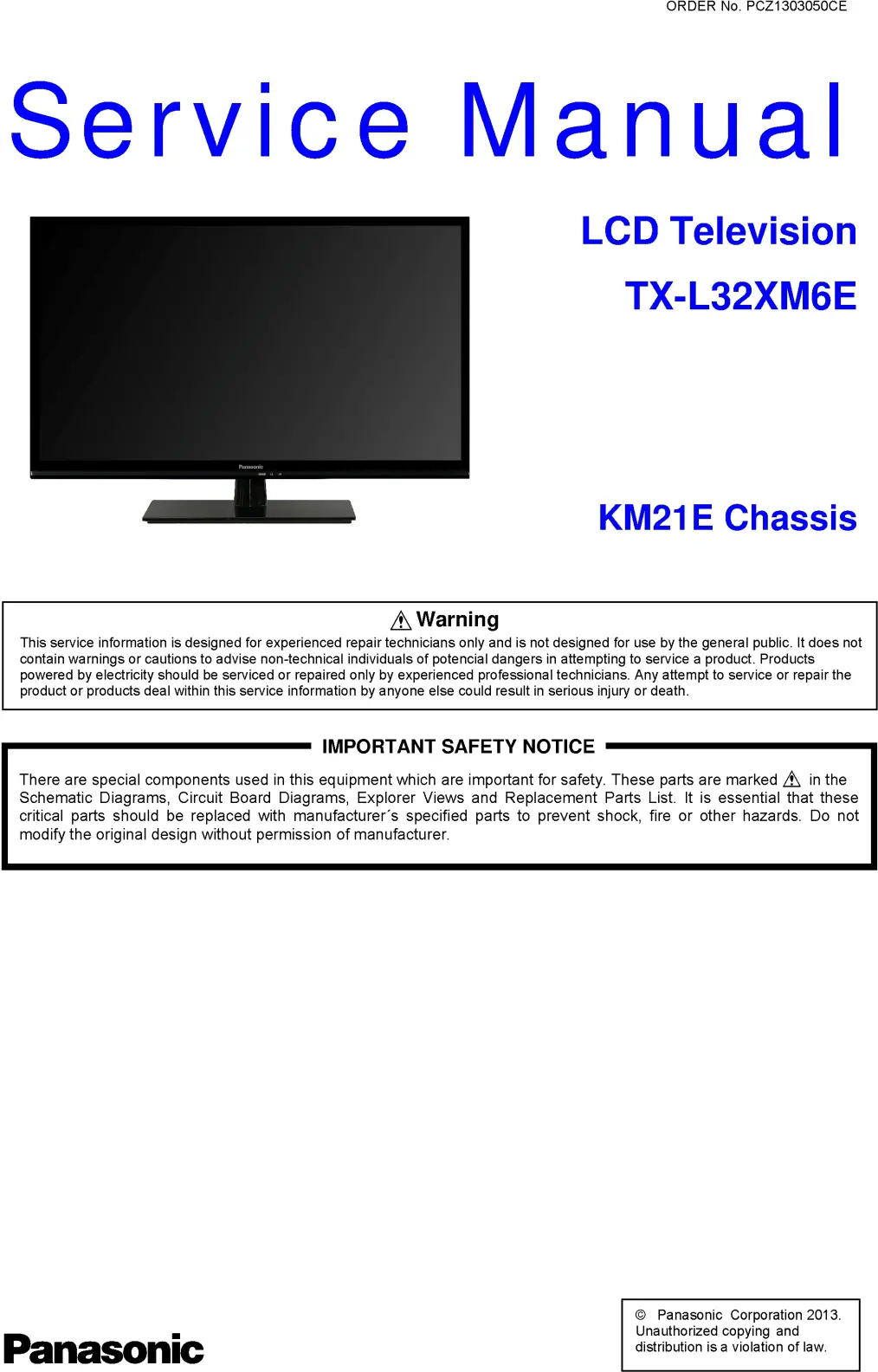 Panasonic tx l32xm6e service manual cover with photo of the television, TV type, chassis code, model code, creation date and document number