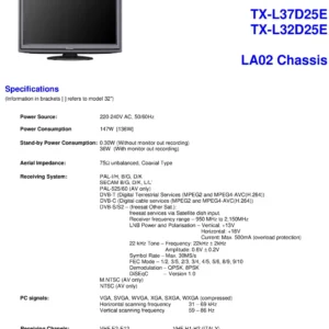Panasonic tx l37d25e service manual cover with photo of the television, TV type, chassis code, model code, creation date and document number