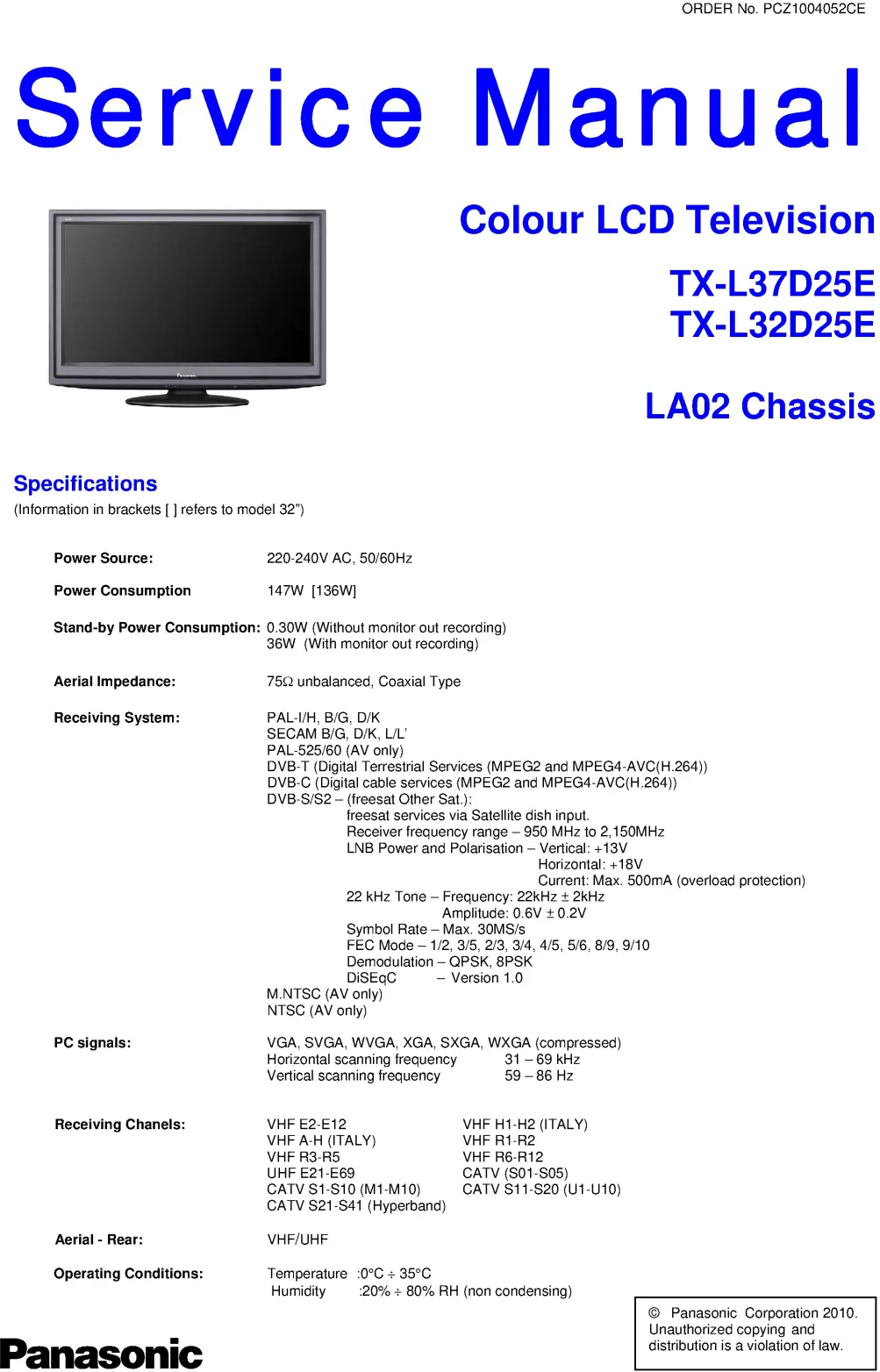 Panasonic tx l37d25e service manual cover with photo of the television, TV type, chassis code, model code, creation date and document number