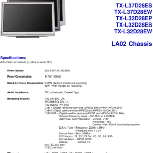 Panasonic tx l37d28es l37d28ew service manual cover with photo of the television, TV type, chassis code, model code, creation date and document number
