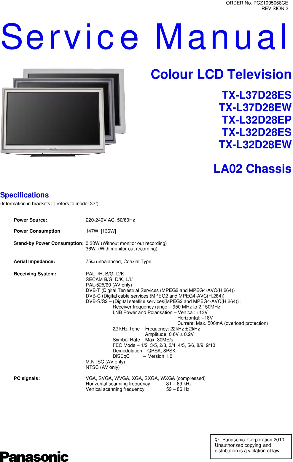 Panasonic tx l37d28es l37d28ew service manual cover with photo of the television, TV type, chassis code, model code, creation date and document number