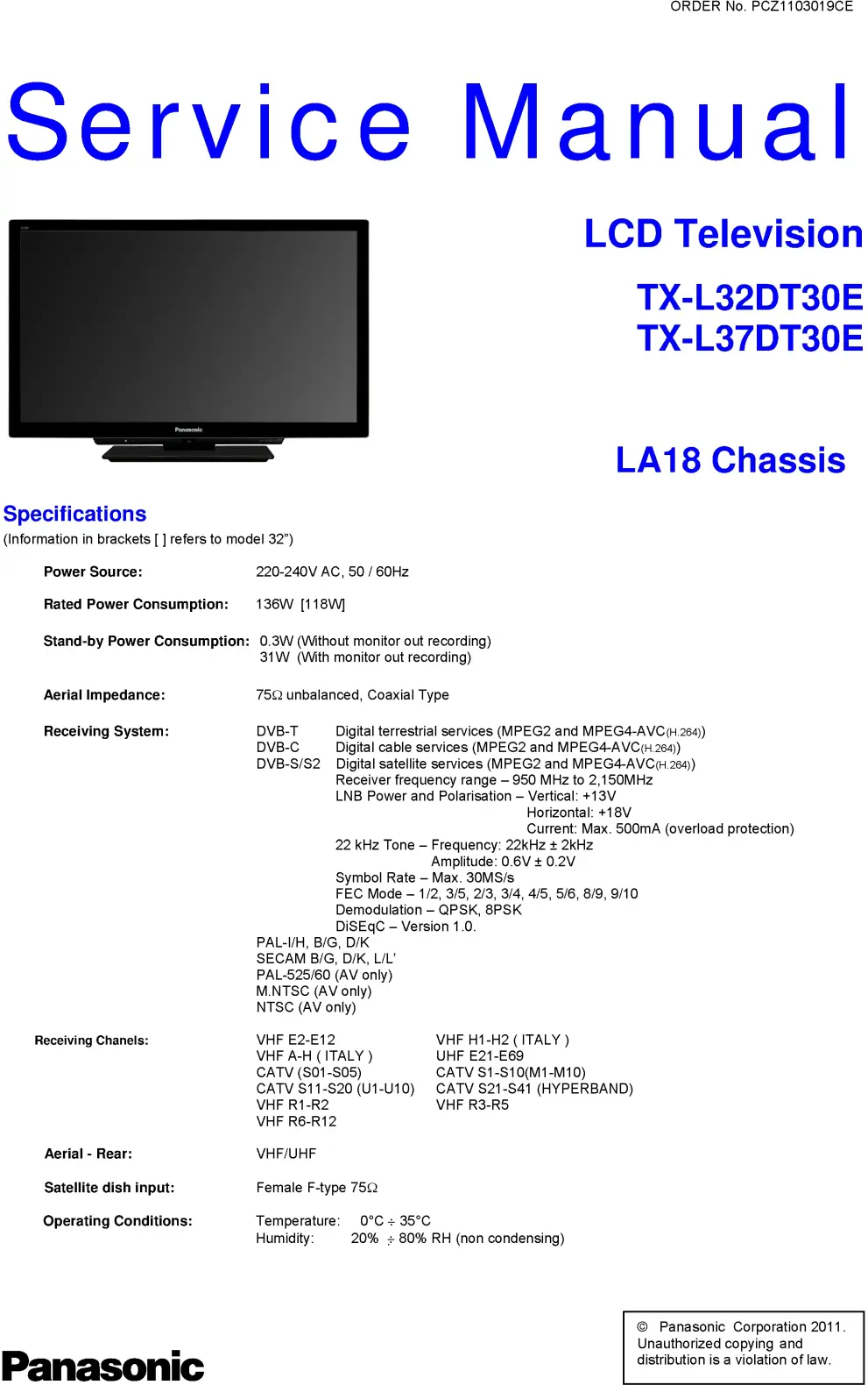 Panasonic tx l37dt30e service manual cover with photo of the television, TV type, chassis code, model code, creation date and document number